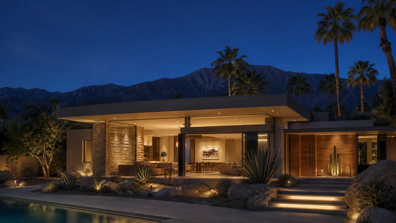 Concept visualization of a Coachella Valley desert home with layered interior, landscape, and architectural lighting