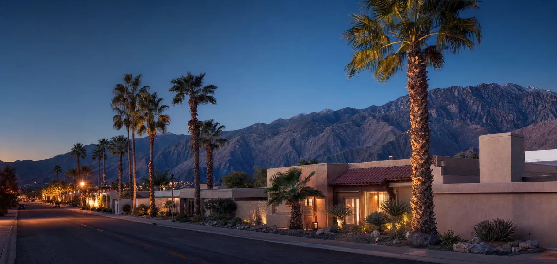 Cathedral City neighborhood at blue hour with practical desert homes and mountain views