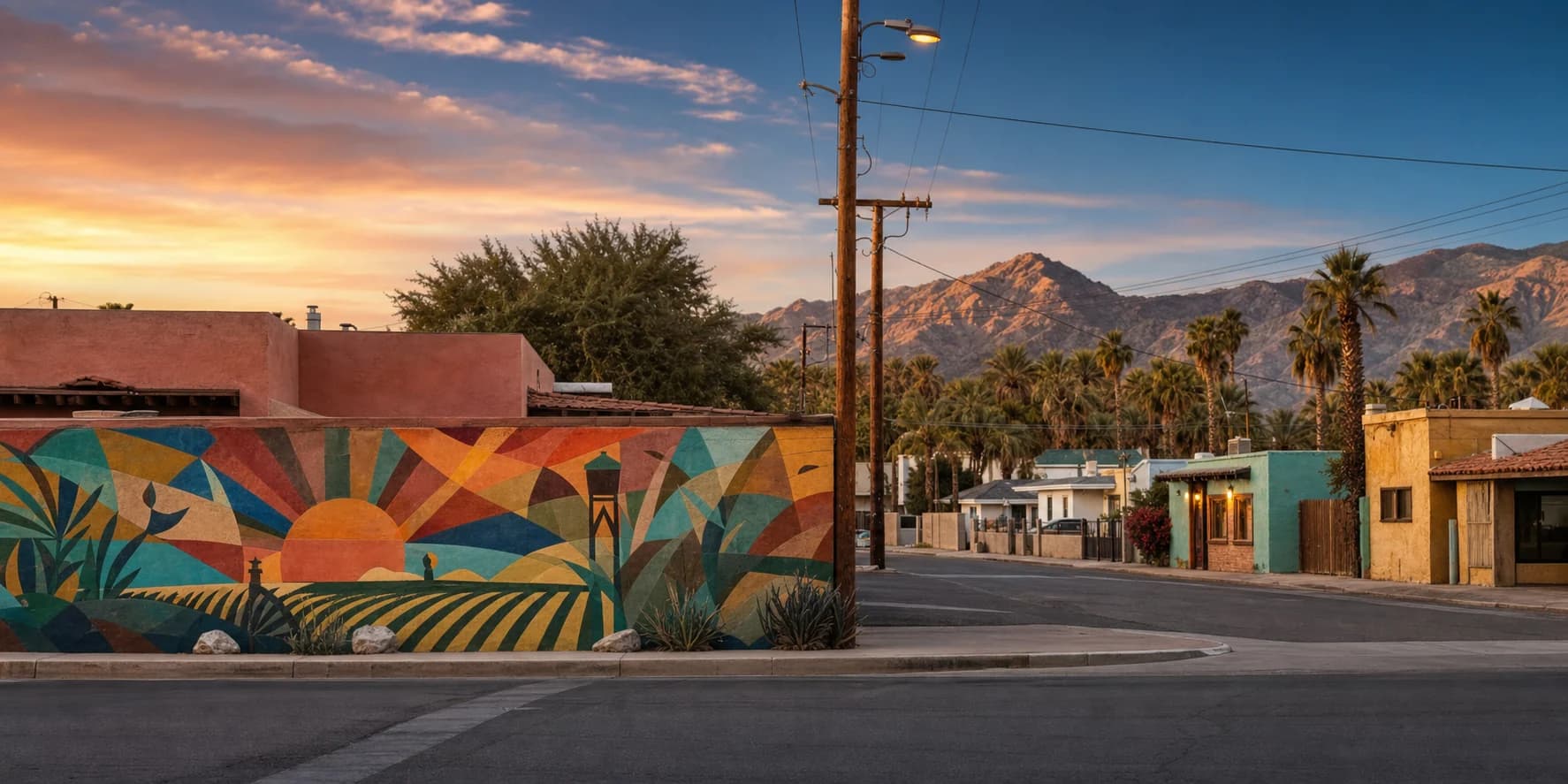 Coachella streetscape with an agricultural mural, colorful stucco, date palms, and utility lines