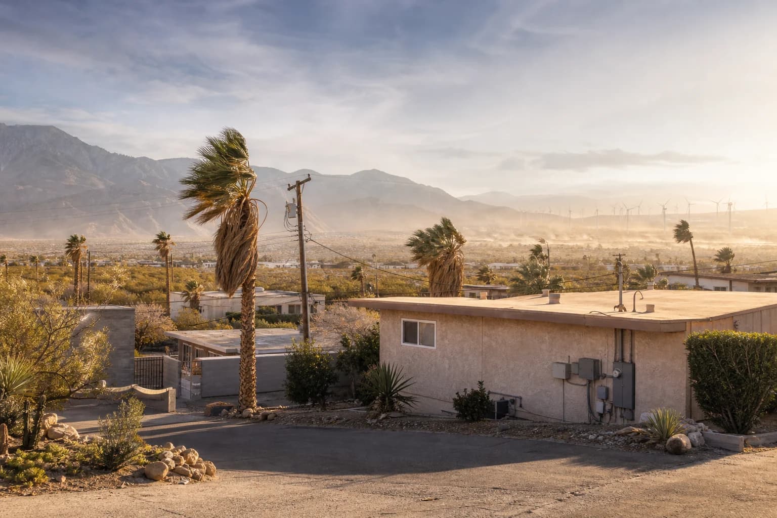 Wind-bent palms, hillside homes, blowing dust, and distant turbines in Desert Hot Springs