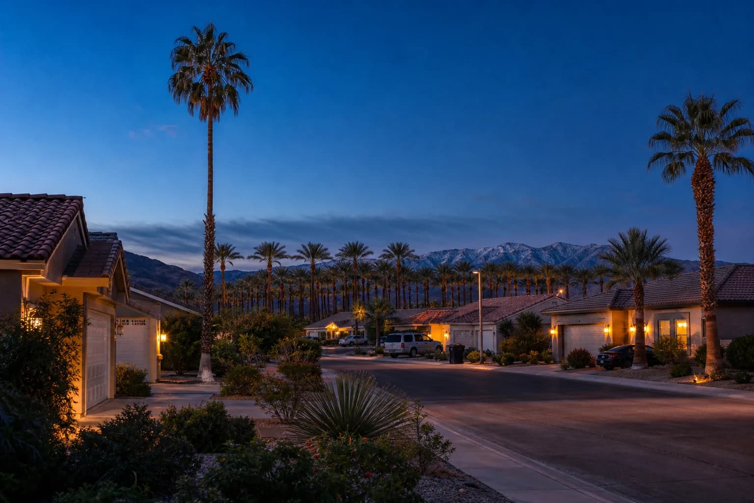 Indio neighborhood at blue hour with family homes, warm garage lighting, and a date grove