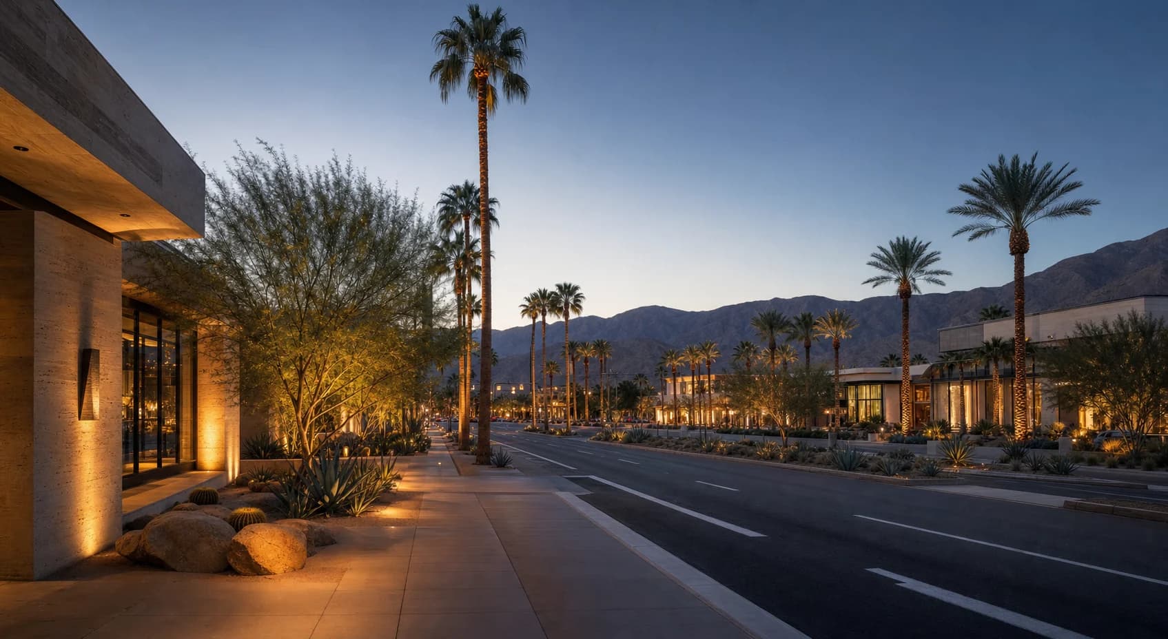 Palm Desert boulevard at twilight with refined architecture, palms, and mountain views
