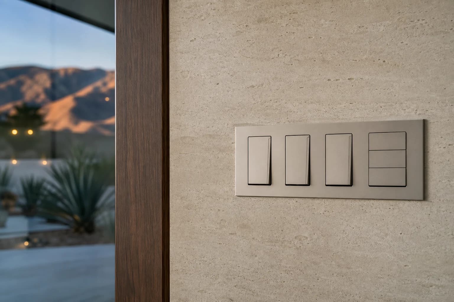 Smart lighting controls on a stone wall with Palm Springs mountains beyond