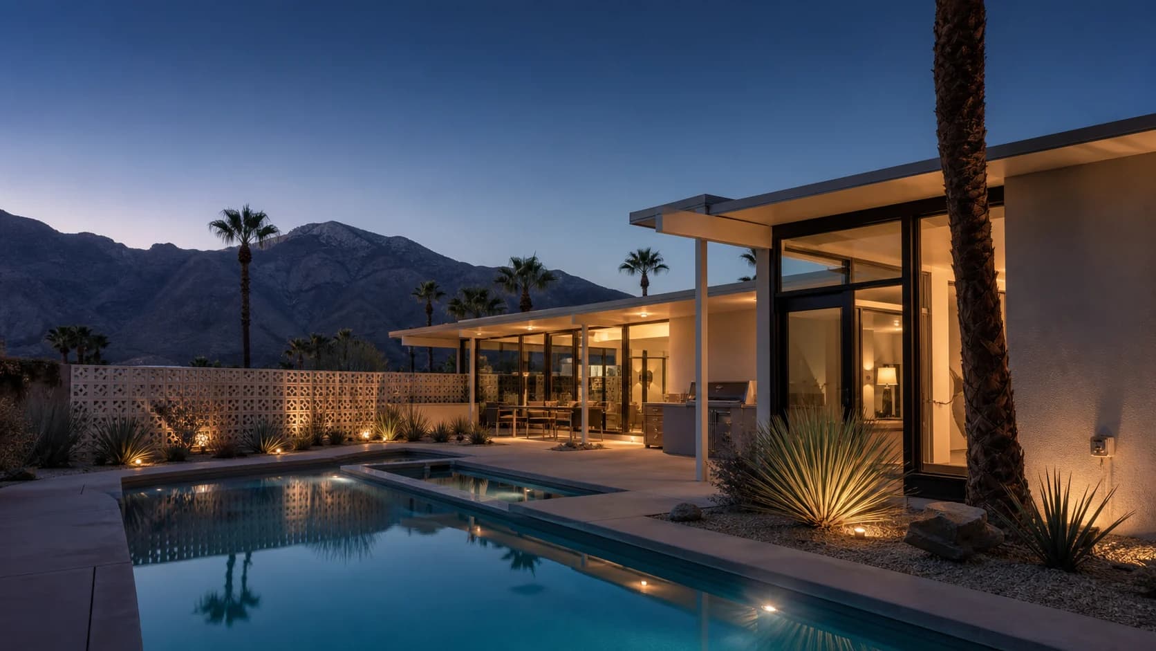 Palm Springs vacation rental with a private pool, safe exterior lighting, and mountain views