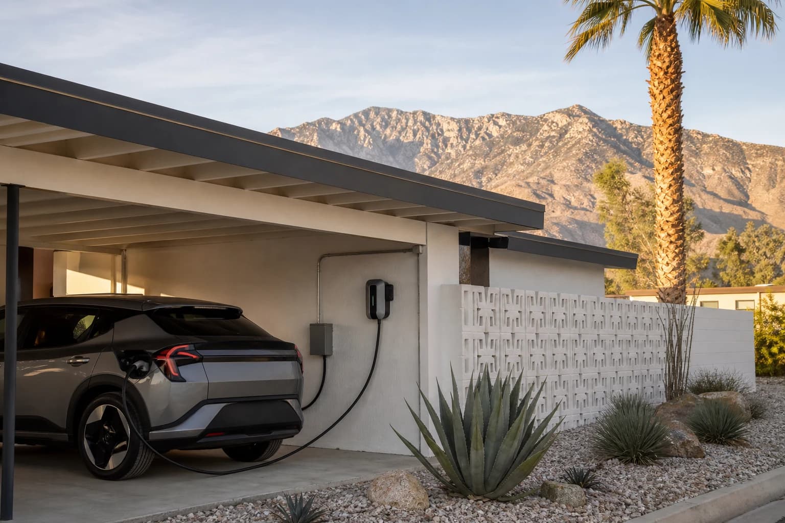 Level 2 EV charger installed at a Palm Springs mid-century home with San Jacinto Mountains behind it