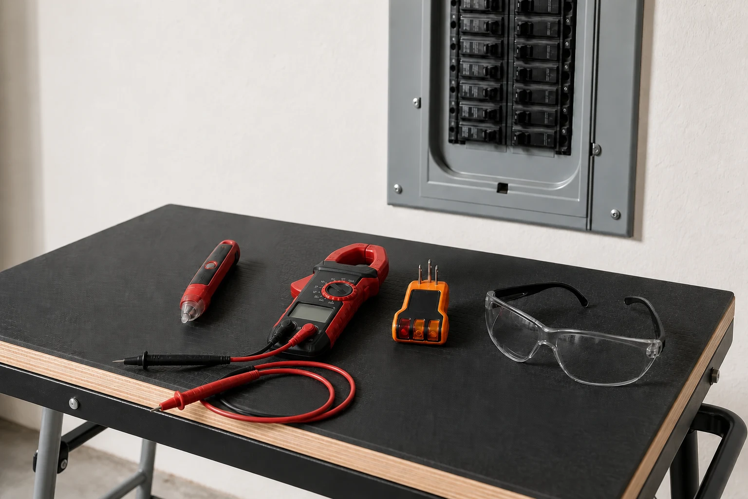 Electrical inspection meters, testers, insulated tools, and safety equipment beside a residential panel
